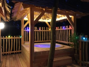 Terrasse de la cabane avec spa de nuit