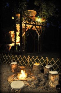 Cabane de nuit avec un feu de camp